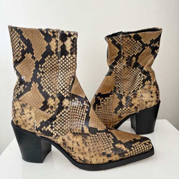 Zara Leather Snakeskin Print Heeled Boots - Picture 1 of 9